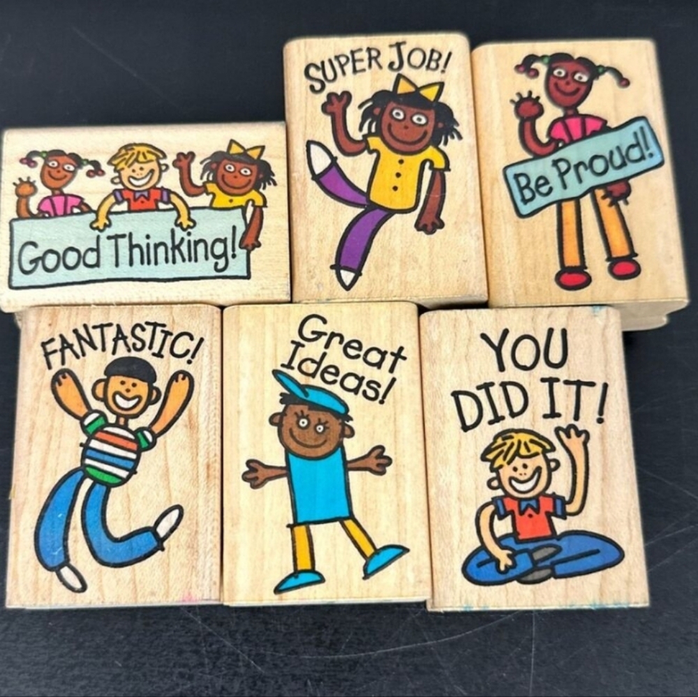 90s vintage Lakeshore Rubber Stamps Teacher w Brown Ink Pad 2 x 2 inch Award 80s